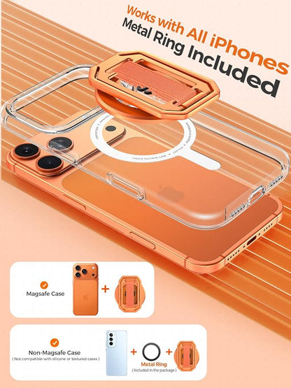 All-Aluminum Magnetic Phone Grip & Stand for Desk, Bed & On-the-Go – Compatible with MagSafe – Secure One-Hand Hold, Comfortable Scrolling, Hands-Free Video Calls, Sunset Orange