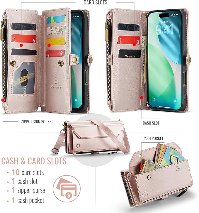 Strapurs Wallet Case Compatible with iPhone Air 6.5" RFID Blocking 10-Card Holder Soft PU Leather Magnetic Snap Shoulder Strap Zipper Pocket Phone Case Fit for iPhone 17 Air for Women - Rose Gold