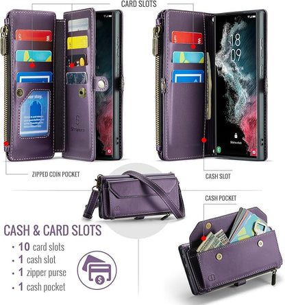 Strapurs Crossbody Wallet Case Compatible with Samsung Galaxy S22 Ultra 5G RFID Blocking 10-Card Holder Soft PU Leather Magnetic Snap Strap Zipper Pocket Phone Case Fit for Galaxy S22 Ultra - Purple
