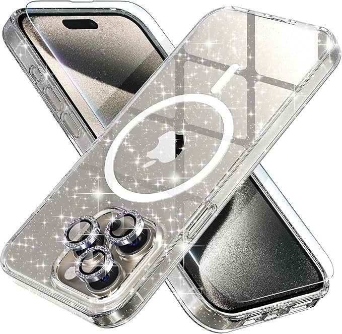 Choiche for iPhone 15 Pro Max Case Magnetic, Women Clear Glitter Bling Sparkly Case, [3xDiamond Camera Lens Protectors] [2xTempered Glass Screen Protectors] [Compatible MagSafe] (Glitter Clear)