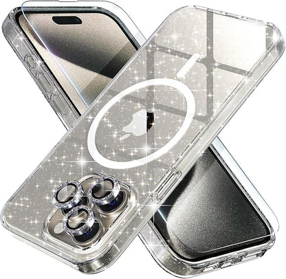 Choiche for iPhone 15 Pro Max Case Magnetic, Women Clear Glitter Bling Sparkly Case, [3xDiamond Camera Lens Protectors] [2xTempered Glass Screen Protectors] [Compatible MagSafe] (Glitter Clear)