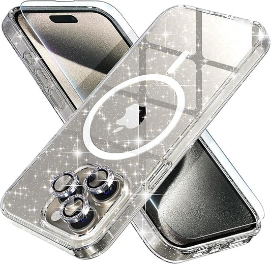 Choiche for iPhone 15 Pro Max Case Magnetic, Women Clear Glitter Bling Sparkly Case, [3xDiamond Camera Lens Protectors] [2xTempered Glass Screen Protectors] [Compatible MagSafe] (Glitter Clear)