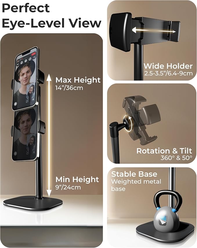 COOPER ChatStand, [Gift Family Pack], Adjustable Cell Phone Stand for Desk, Phone Stand for Recording, iPhone Holder, Small Tripod for iPhone, Fits Samsung, Android Smartphones, (Night Black, 2-Pack)