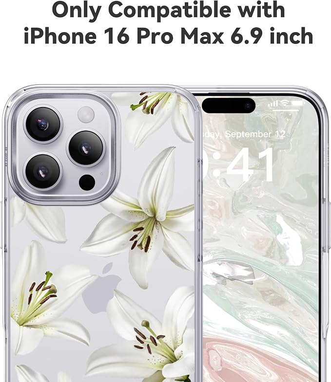 CASEKOO White Water Lily for iPhone 16 Pro Max Case, [Never Yellow Technology] [12FT Military-Grade Protection] Transparent Slim Floral Cover Women 16 Pro Max Phone Case 6.9 inch, White Water Lily