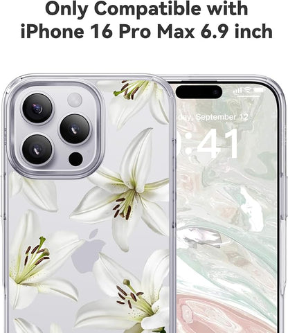 CASEKOO White Water Lily for iPhone 16 Pro Max Case, [Never Yellow Technology] [12FT Military-Grade Protection] Transparent Slim Floral Cover Women 16 Pro Max Phone Case 6.9 inch, White Water Lily