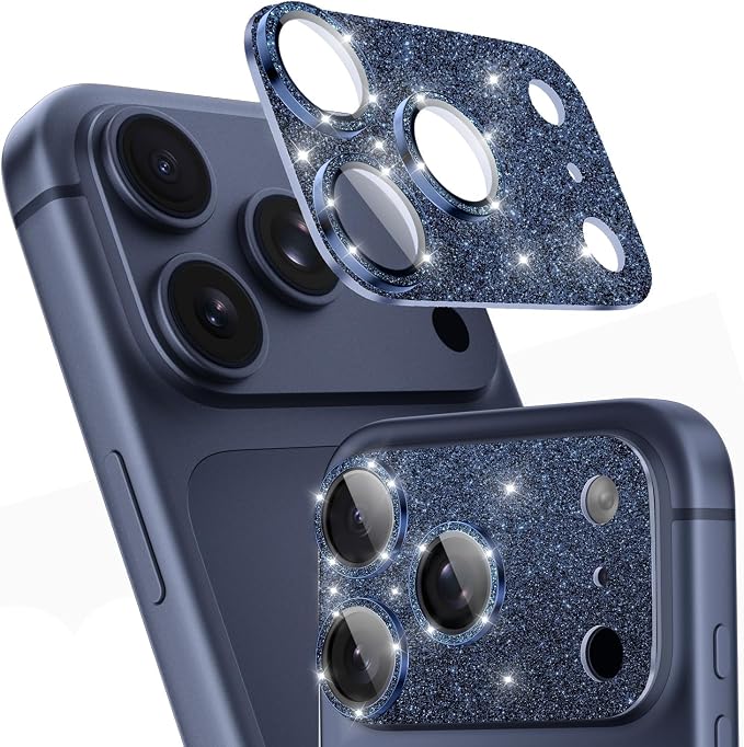 imluckies Compatible with iPhone 17 Pro Camera Lens Protector Bling, Ultra HD Tempered Glass Shiny Diamond Camera Plate Sparkle Screen Protection, 9H Anti-Scratch & Easy Install, Glitter Blue