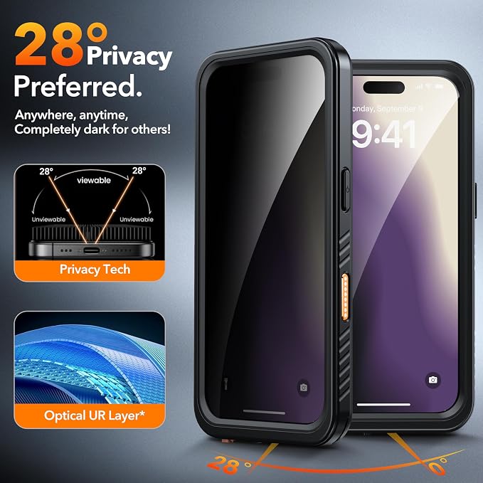 ANTSHARE for iPhone 16 Case Waterproof, [Anti Spy] Privacy Screen Protector for iPhone 16, [IP68 Under Water] Heavy Duty Full-Body Shockproof Phone Case, Black