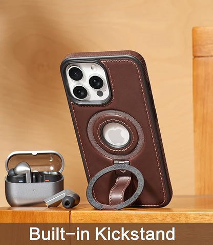 for iPhone 16 Pro Leather Case with Stand, Anti-Slip Grip Ring, Fits for MagSafe (Cocoa, iPhone 16 Pro)