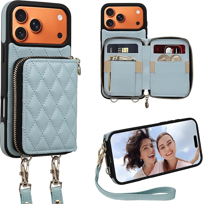 Keallce Case for iPhone 17 Pro Max 6.9'' Wallet Case, Crossbody Zipper Purse with Wrist Strap Lanyard Handbag, RFID Blocking Card Holders, Kickstand Flip Leather Cover for iPhone 17 Pro Max, Blue