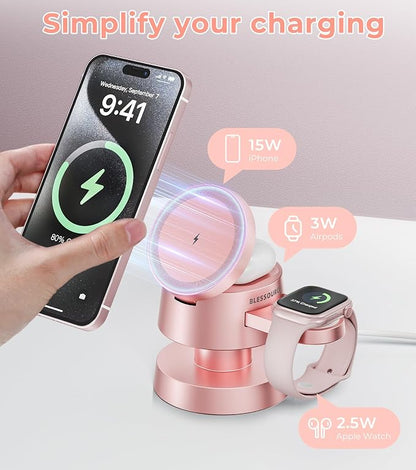 4-in-1 Magnetic Wireless Charging Station for iPhone 17/16/15/14 Pro Max, with Night Light Wireless Charging Station Fast Charging for Apple Watch, Earphones & Multiple Devices