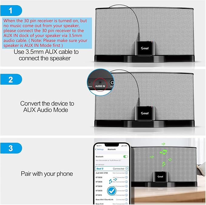 Smof 30 Pin Bluetooth Adapter Receiver for Bose Sounddock iPod iPhone Music Docking Station and Other 30 Pin Dock Speakers Bluetooth Audio Receiver with 3.5 mm Audio Cable (Not for Car or Motorcycle)