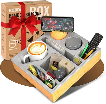 Couch Cup Holder Tray - Couch Organizer Caddy, Silicone Beach Caddy with Cup Holder, Sofa and Bed Drink Holder and Couch Tray Table for Snacks Beverage Remote (Gray)