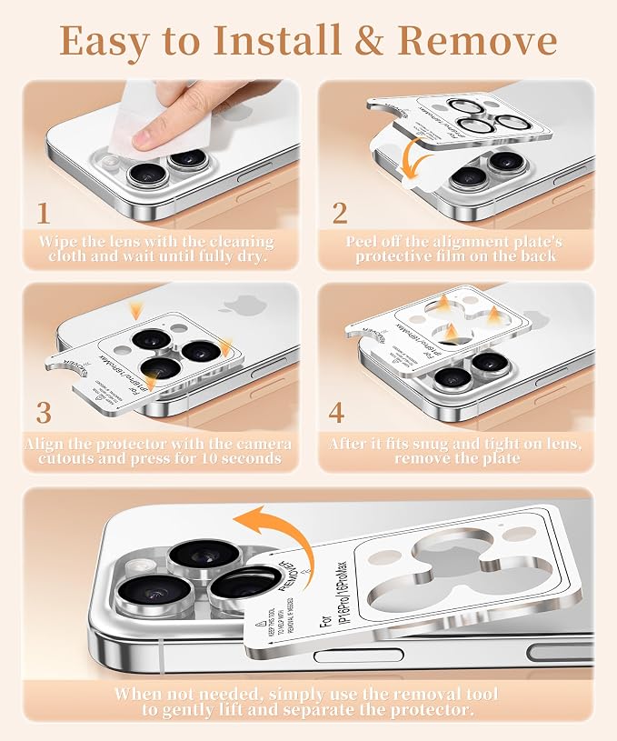 GolbinBox Camera Lens Protector for iPhone 17 Pro Max/17 Pro/16 Pro Max/16 Pro, 1:1 Invisible Fit, 9H Tempered Glass Ultra HD Metal Individual Camera Cover, Case Friendly, Silver