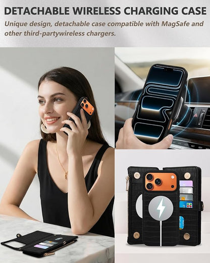 Crossbody Wallet Case for iPhone 17 Pro Max with Mirror, Wrist Strap, Detachable Zipper Purse, Magnetic Flip RFID Blocking Card Holder, Wireless Charging Case 6.9" Women (Textured Black)