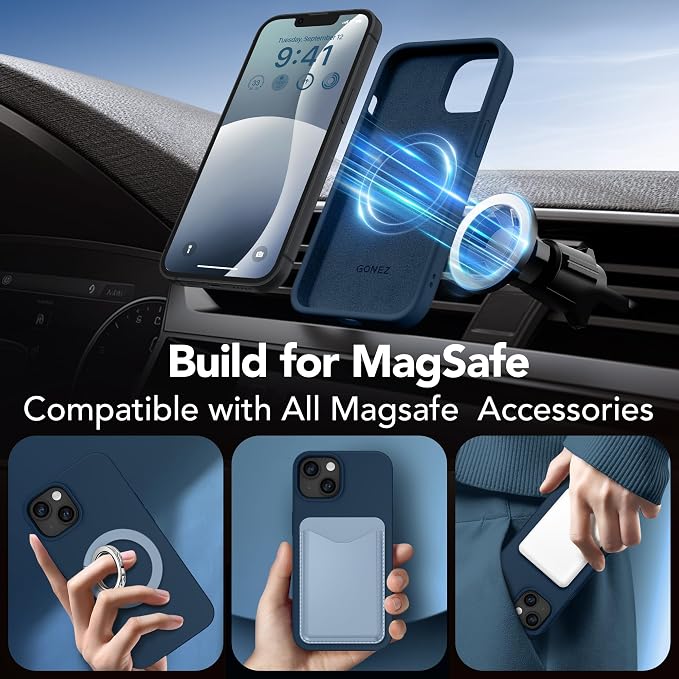 GONEZ Magnetic for iPhone 14 Case, Compatible with Magsafe, with Screen Protector + Camera Protector, Anti-Scratch Microfiber Lining, Liquid Silicone Shockproof Protective Phone Case, Dark Blue