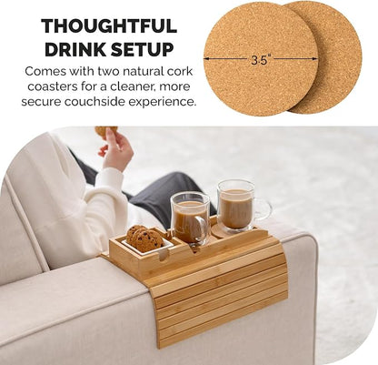 Bamboo Sofa Arm Tray Table with Cup Holder & 2 Cork Coasters, Phone Slot & Charging Cable Holder, Foldable Couch Arm Tray with Non Slip Base, Couch Cup Holder for Drinks, Remote, Snacks