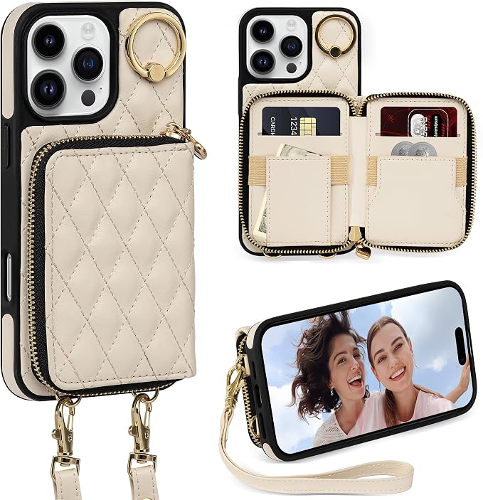 Keallce for iPhone 16 Pro Max 6.9'' Wallet Case, Crossbody Zipper Purse with Wristlet for Women, RFID Blocking Card Holders, 360° Ring Kickstand Flip Leather Case for iPhone 16 Pro Max, Beige