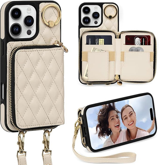 Keallce Case for iPhone 16 Pro 6.3'' Wallet Case, Crossbody Zipper Purse with Wristlet for Women, RFID Blocking Card Holders, 360° Ring Kickstand Flip Leather Case for iPhone 16 Pro, Beige