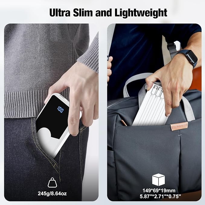 Portable Charger with Built in Cables,High Speed Power Bank 10000mAh Travel Battery Pack 5 Outputs 3 Inputs Portable Phone Charger Backup Battery for iPhone, Samsung, iPad,Tablets (White)