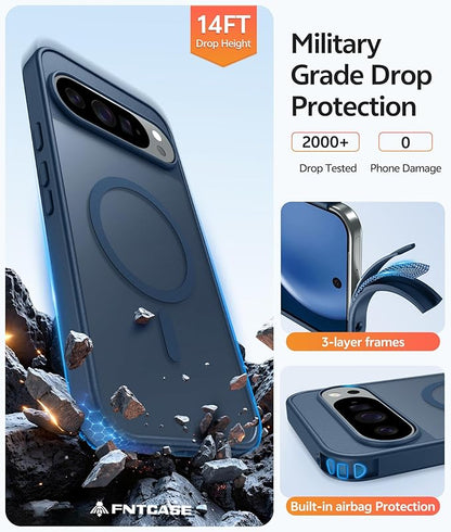 FNTCASE for Google Pixel 10 Pro XL Case: for Pixel 9 Pro XL Case [Fit for Magsafe] Translucent Matte [with Screen Protector] Military Grade Shockproof Protective Magnetic Phone Cover (6.8inch - Blue)