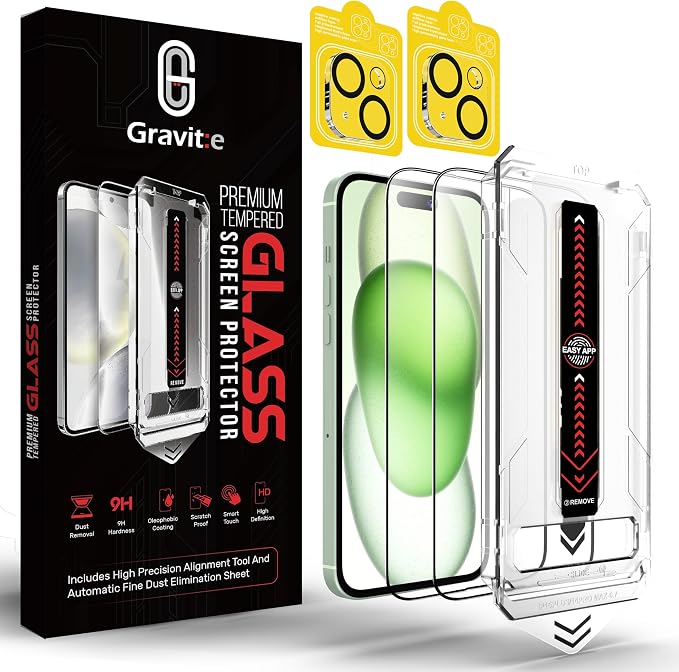 Gravit:e Screen Protector for iPhone, 9H Tempered Glass, Smart Installation Tool, Automatic Fine Dust Removal and Camera Protector 2 Pack (iPhone 15Plus)