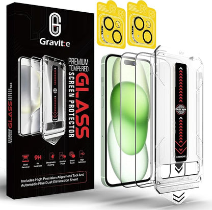 Gravit:e Screen Protector for iPhone, 9H Tempered Glass, Smart Installation Tool, Automatic Fine Dust Removal and Camera Protector 2 Pack (iPhone 15Plus)