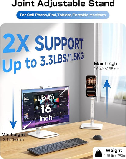 Tablet Stand Holder for iPad, Portable Monitor Stand Holder 15.6'',16'', Aluminum Alloy Foldable Arm Mount with 360° Swivel Desk Mount Compatible with 4.7-16inch Tablet, Cell Phone (White)