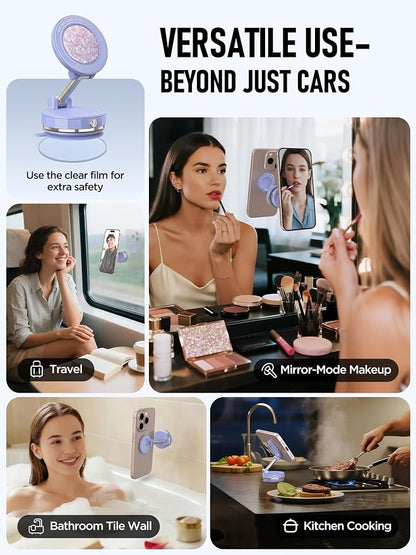 Upgraded Vacuum Magnetic Car Phone Holder for MagSafe[108+LBS Strongest Suction & 3000gf Strongest Magnetic],360° Adjustable Suction Cup Phone Mount for Car,Gym,Mirror,Men Women-Purple