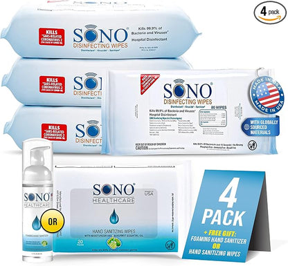 SONO Disinfecting Wipes - No Alcohol & Bleach, Medical-Grade, All-Purpose - School, Household, Dorm, Salons, Spas, Pilates & Yoga Studios Cleaning Kit - 320 ct (pack of 4) 80 count packs w/Sanitizer