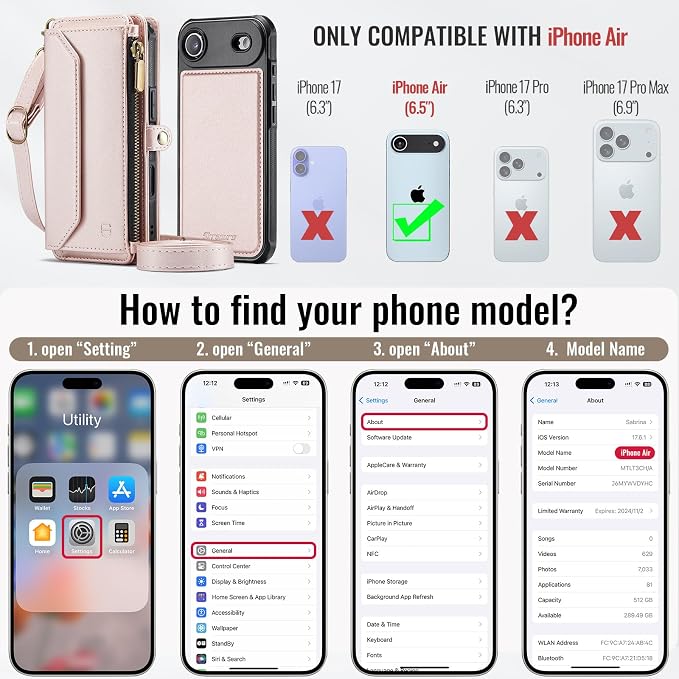 Strapurs for iPhone Air Detachable Wallet Case Compatible with Magsafe for Women, RFID Blocking 9-Card Holder Zipper Strap Lanyard PU Leather Magnetic Phone Case for iPhone 17 Air 6.5", Rose Gold