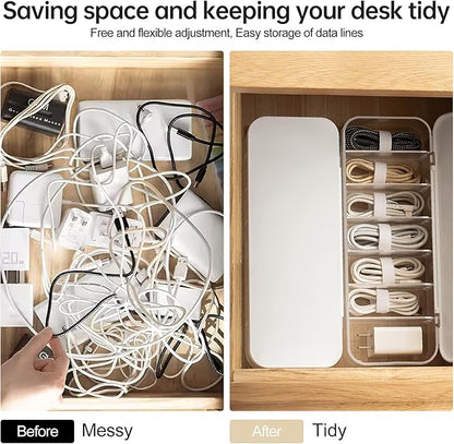 PAVSTINE 2 Pcs Cable Organizer Storage Box with Lid, 14 Wire Ties, White | Adjustable Dividers, Holds Power Cords & Charger, Dust-Proof, Desktop Accessories & Stationery Storage for Home & Office
