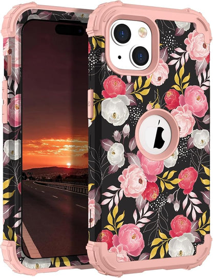 Hocase for iPhone 15 Case, Heavy Duty Shockproof Protection Soft Silicone Rubber Bumper+Hard Plastic Hybrid Protective Case for iPhone 15 (6.1" Display) 2023 - Rose Blossom
