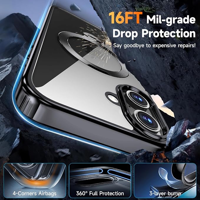 [Tri-Shield Protection] for iPhone 16 Plus Case with 360° Spin Stand Compatible with MagSafe [Magnetic CD Ring] [Screen & Camera Lens Protector] Shockproof Plating Never-Yellowing, Black-6.7"