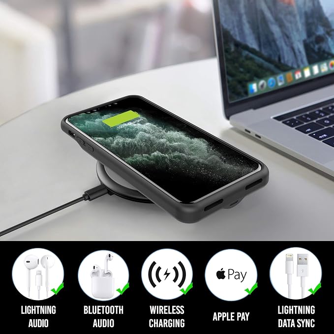 iPhone Xs/X Battery Case, Alpatronix BXX Wireless Portable Power Bank and iPhone Xs Slim Charger, 50% Faster Charging Battery Pack, Original iPhone Lightning Chip – Black