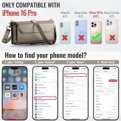 Strapurs Wallet Case Compatible with iPhone 16 Pro 6.3" RFID Blocking 10-Card Holder PU Leather Magnetic Snap Shoulder Strap Zipper Pocket Phone Case Fit for iPhone 16 Pro for Women - Desert Titanium