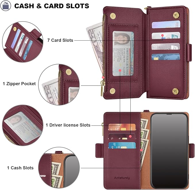 Antsturdy Compatible with iPhone 16 Plus Wallet Case,RFID Blocking PU Leather Phone Case Women Men Kickstand flip Cover Wrist Strap Zipper Credit Card Holder Slots for Apple 16 Plus 6.7",Wine Red