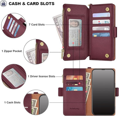 Antsturdy Compatible with iPhone 16 Plus Wallet Case,RFID Blocking PU Leather Phone Case Women Men Kickstand flip Cover Wrist Strap Zipper Credit Card Holder Slots for Apple 16 Plus 6.7",Wine Red