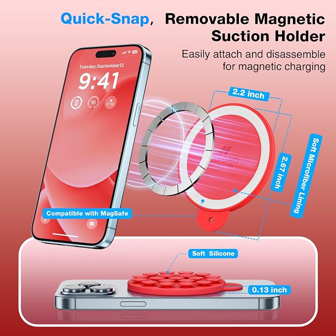 Magnetic Suction Cup Phone Mount, Compatible with MagSafe, Silicone Octo Cup Buddy Sticky Grip Holder for iPhone and Android, Removable Hands-Free Phone Stand Selfie/Video for TikTok, Red