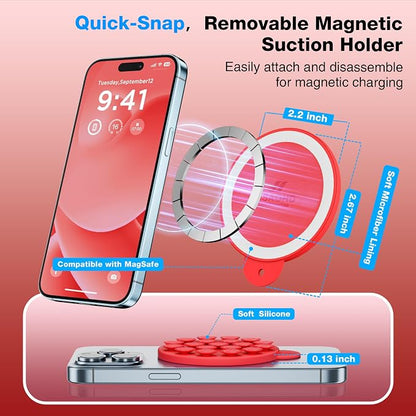 Magnetic Suction Cup Phone Mount, Compatible with MagSafe, Silicone Octo Cup Buddy Sticky Grip Holder for iPhone and Android, Removable Hands-Free Phone Stand Selfie/Video for TikTok, Red