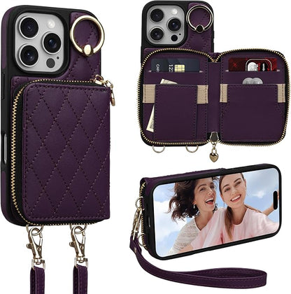 Keallce Case for iPhone 16 Pro 6.3'' Wallet Case, Crossbody Zipper Purse with Wristlet for Women, RFID Blocking Card Holder, 360° Ring Kickstand Flip Leather Case for iPhone 16 Pro, Darkpurple
