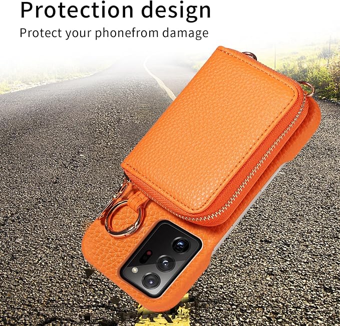 Wallet Case for Samsung Galaxy Note 20 Ultra 5G Shoulder Strap Ring Buckle Zipper Flip Organ Purse Card Holder Phone Cover for Note20 Plus Notes 20Ultra Note20+ U + 20+ Twenty Not S20 Orange