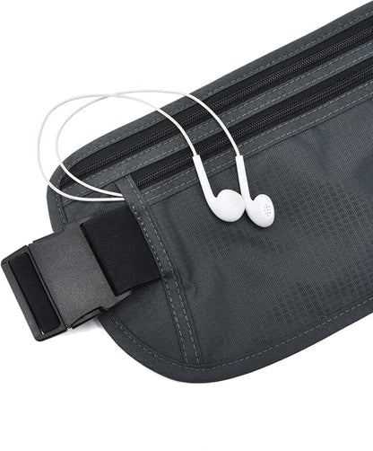 RFID Blocking Money Belt for Men Women, Slim Fanny Pack for Travel，Running,Conceal Waist Wallet for Passport Holder,Phone,Cash(Black Dark Grey)
