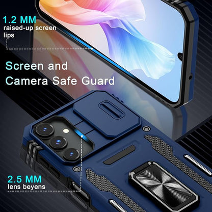 DEERLAMN Case for Samsung Galaxy A15 5G with Slide Camera Cover+Screen Protector (1 Pack), Rotated Ring Kickstand Military Grade Shockproof Protective Cover-Navy Blue