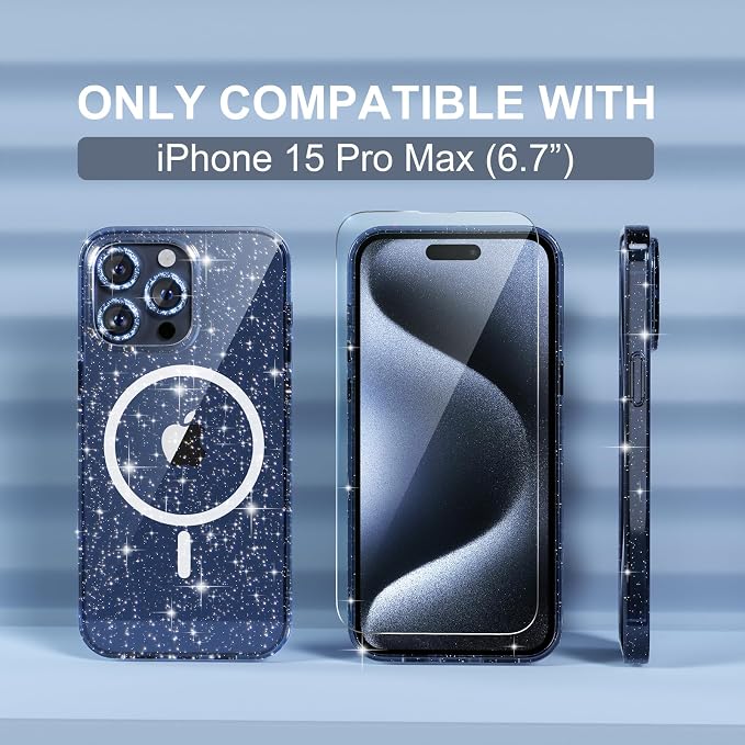 Choiche for iPhone 15 Pro Max Case Magnetic, Women Clear Glitter Bling Sparkly Case, [3xDiamond Camera Lens Protectors] [2xTempered Glass Screen Protectors] [Compatible MagSafe] (Glitter Blue)