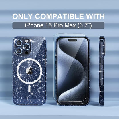 Choiche for iPhone 15 Pro Max Case Magnetic, Women Clear Glitter Bling Sparkly Case, [3xDiamond Camera Lens Protectors] [2xTempered Glass Screen Protectors] [Compatible MagSafe] (Glitter Blue)