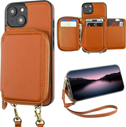 Bocasal RFID Blocking Wallet Case for iPhone 14 Plus, Adjustable Crossbody Zipper Purse Case Card Holder with Kickstand Detachable Wrist Strap, PU Leather Flip Folio Case 6.7 Inch 5G (Brown)