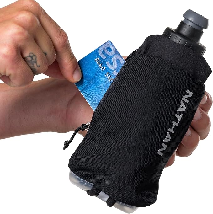 Nathan SpeedDraw 2 Insulated Handheld Running Water Bottle Flask – Double-Wall Insulation, Ergonomic Grip, Blast Valve Cap, Phone & Key Storage Pockets, Reflective Design - 12oz Insulated - Black
