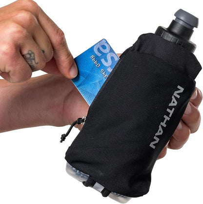 Nathan SpeedDraw 2 Insulated Handheld Running Water Bottle Flask – Double-Wall Insulation, Ergonomic Grip, Blast Valve Cap, Phone & Key Storage Pockets, Reflective Design - 12oz Insulated - Black