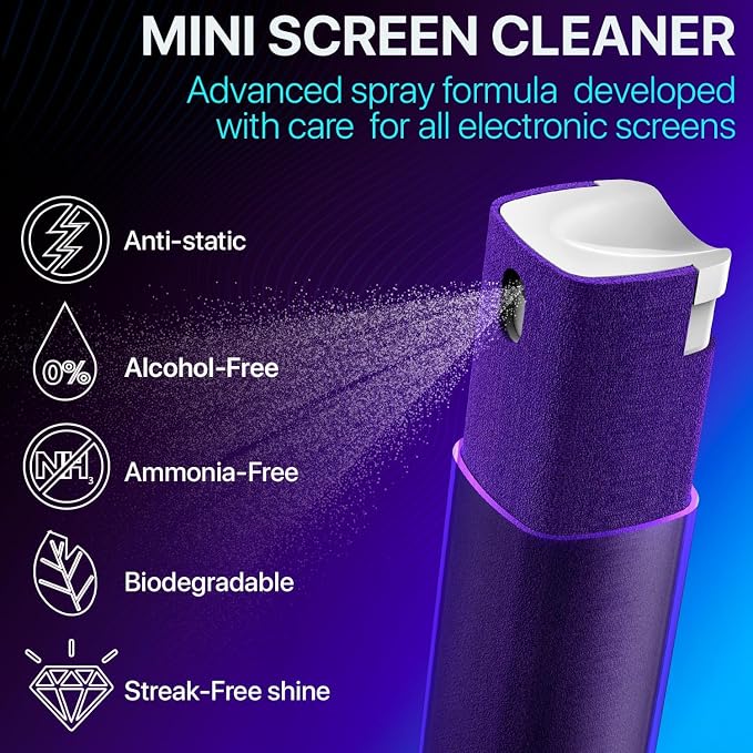 Mini Screen Cleaner Spray – Finger Proof Screen Cleaner for Smartphones, iPads, MacBooks, Laptops, Car Screens, Touchscreens – 3in1 Mist Cleaner, Microfiber Cloth and Cover (Dark Green)