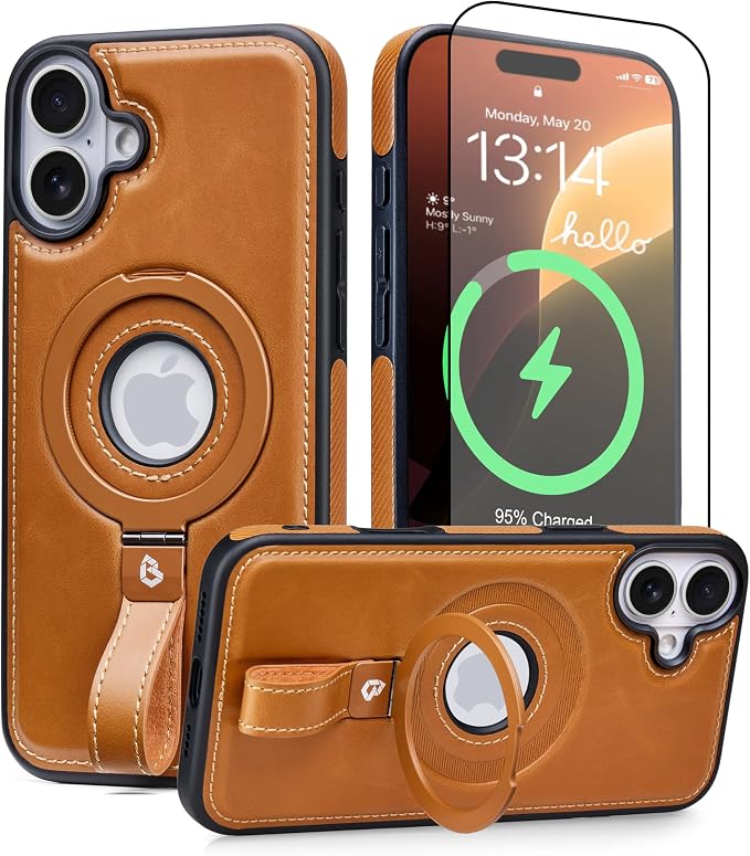 for iPhone 16 Leather Case with Stand, Anti-Slip Grip Ring, Fits for MagSafe (Brown, iPhone 16)